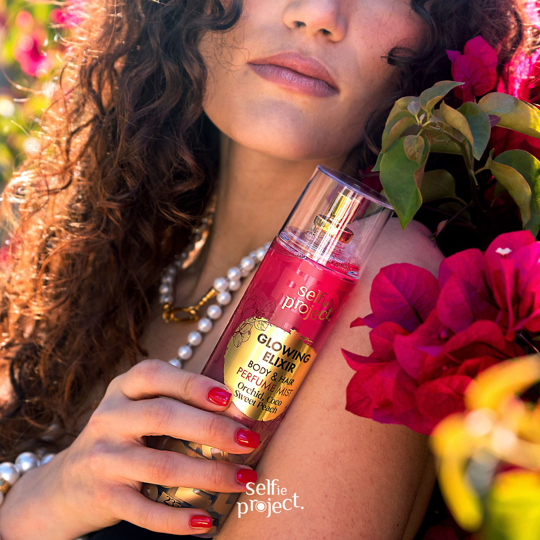 Selfie Project Glowing Elixir Body & Hair Perfume Mist Floral-Fruity Fragrance Mist for All-Day Freshness (235 ml)
